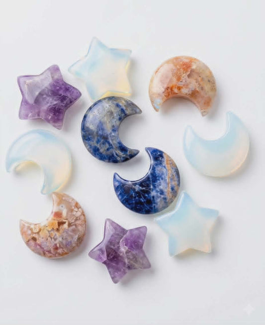 🌙✨ Mini Lunes & Étoiles en Pierres Naturelles – Magie Céleste & Douceur