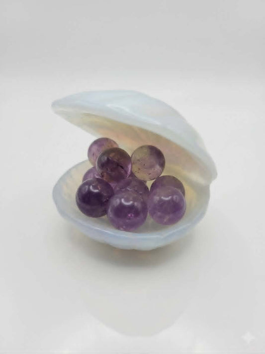 🐚💜 Coquillage en Opalite & 10 Mini Billes d’Améthyste – Trésor Tropical