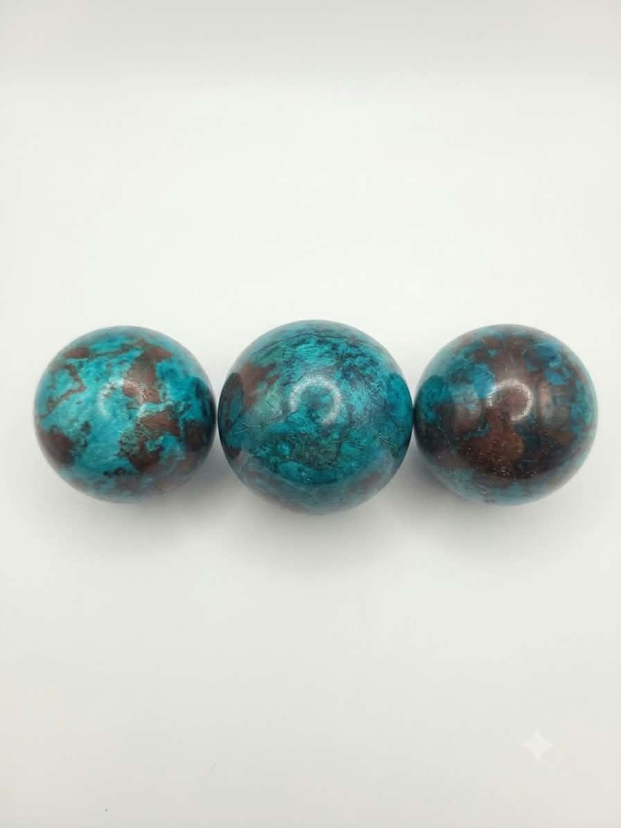 Sphères Quantum Quattro — Synergie Shattuckite · Chrysocolla · Dioptase · Malachite · Quartz